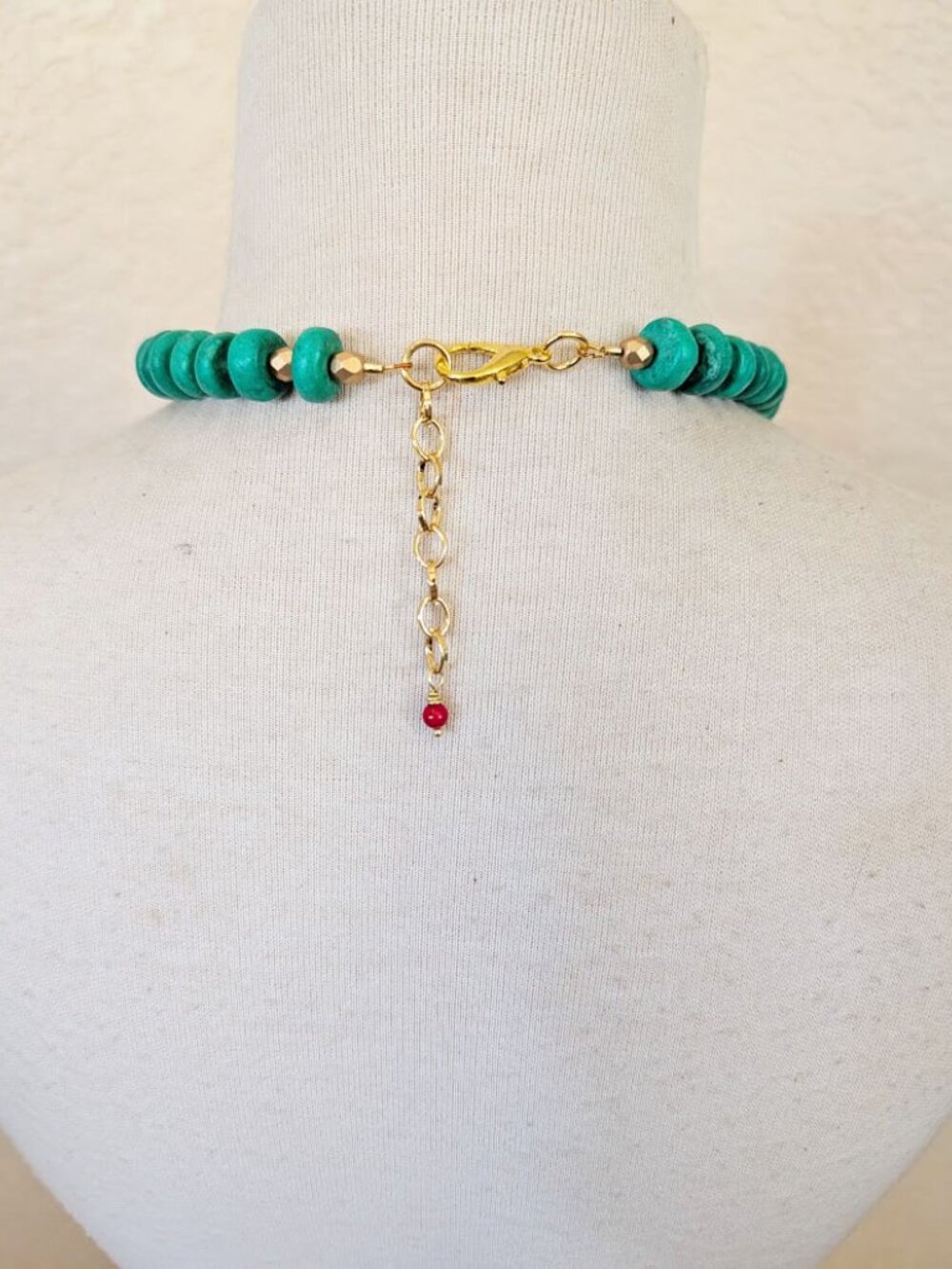 Southwestern Turquoise Blue & Red Coral Antiqued Gold Statement Necklace - Picture 3 of 3